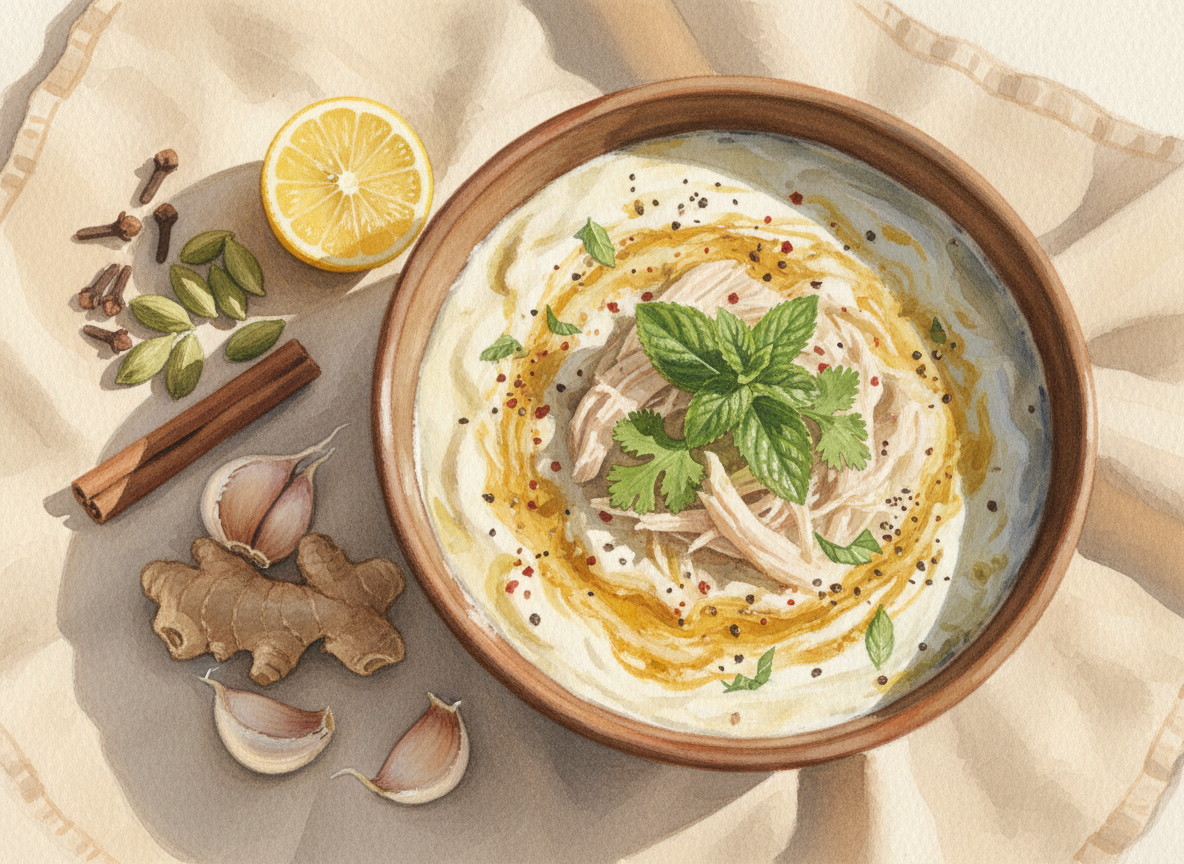 A painted bowl of creamy yogurt chicken soup with shredded chicken, topped with mint, coriander and cracked black pepper